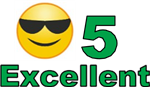 smile emoji wearing sunglasses, the number 5 and the word excellent